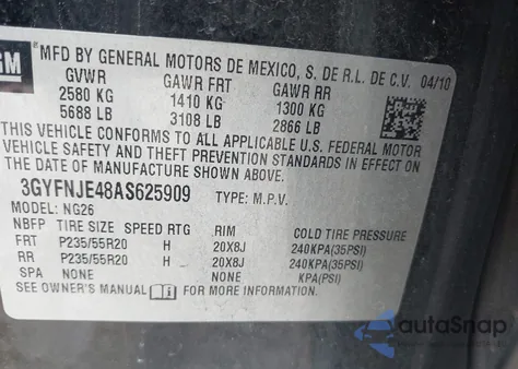 2010 Cadillac Srx Turbo Performance z USA, uszkodzony, nr VIN 3GYFNJE48AS625909